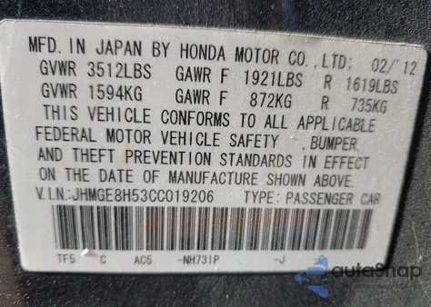 2012 Honda Fit Sport from USA, damaged, VIN JHMGE8H53CC019206